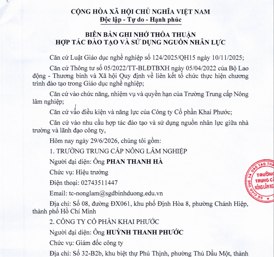 Biên bản hợp tác giữa Trường TCNLN với Công ty Cổ phần Khai Phước